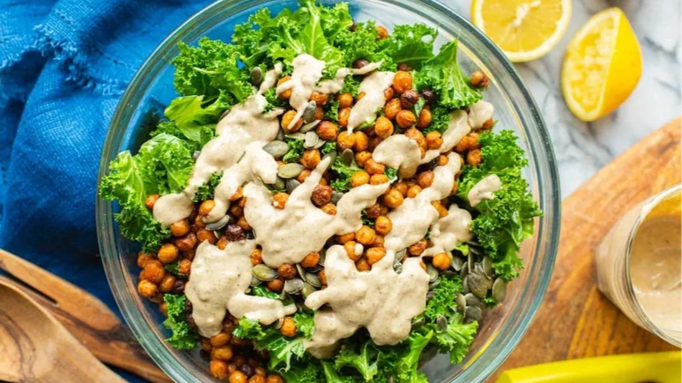 Kale and Chickpea Salad with Lemon Tahini Dressing